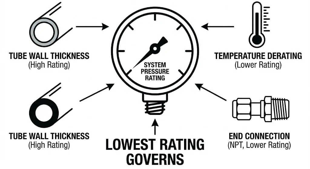 La calificación de presión es una propiedad del sistema: tubería + temperatura + conexión final Perspectiva de clasificación de presión del sistema: el diámetro exterior y el espesor de pared del tubo, la temperatura y la conexión final de menor clasificación determinan la presión admisible