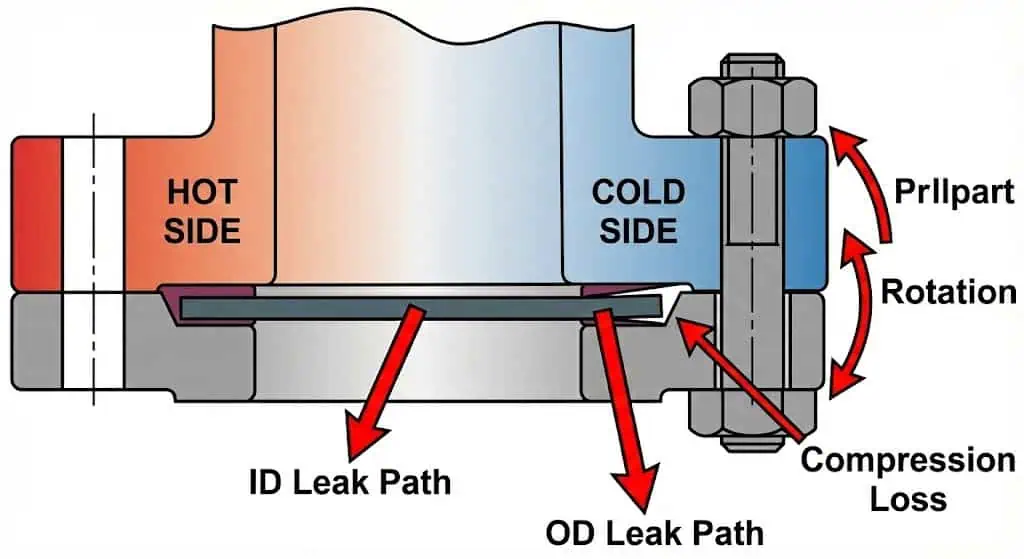 Thermal distortion causing flange rotation and loss of gasket compression