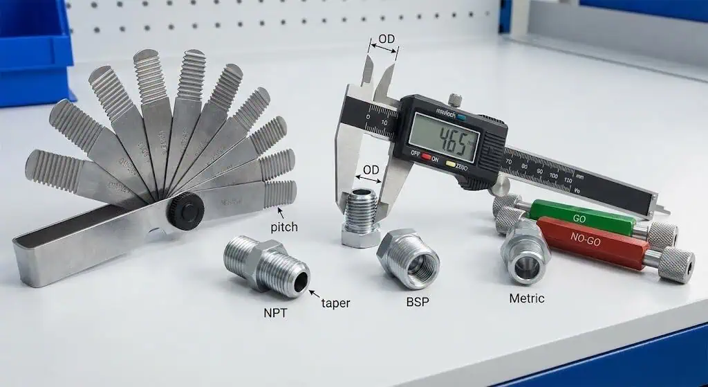Medidor de passo de rosca e paquímetro para identificação de conexão hidráulica