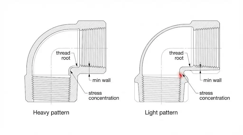 Comparação da seção transversal mostrando diferença de espessura de parede entre conexões padrão Pesado e Leve