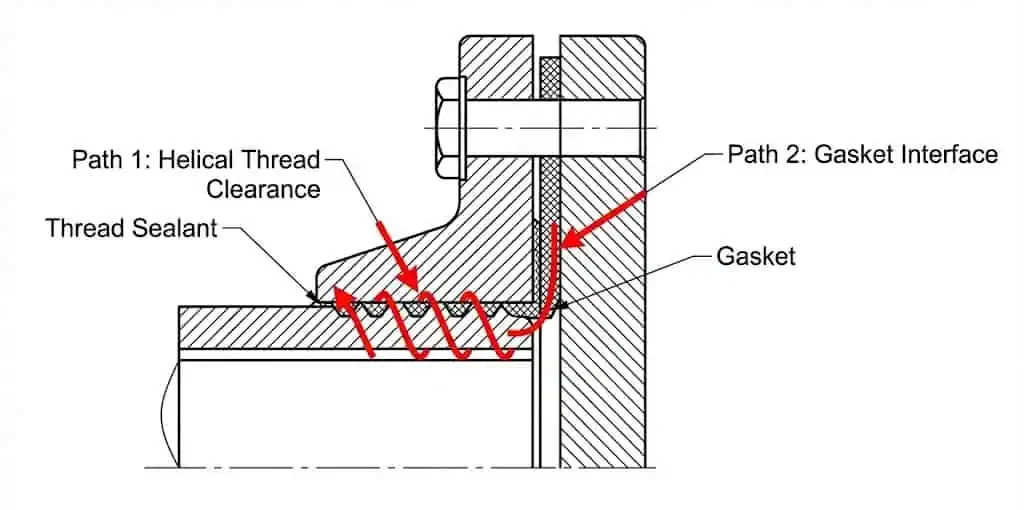 Leakage paths on threaded flange joint: threads and gasket face
