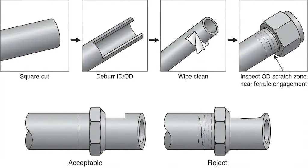 Criterios de Aceptación del Extremo del Tubo para Instaladores Preparación correcta vs incorrecta del extremo del tubo: corte cuadrado, desbarbado, sin arañazos