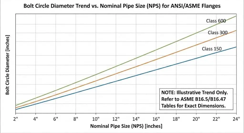 Bolt circle diameter trend versus nominal pipe size for ANSI/ASME flange bolt patterns