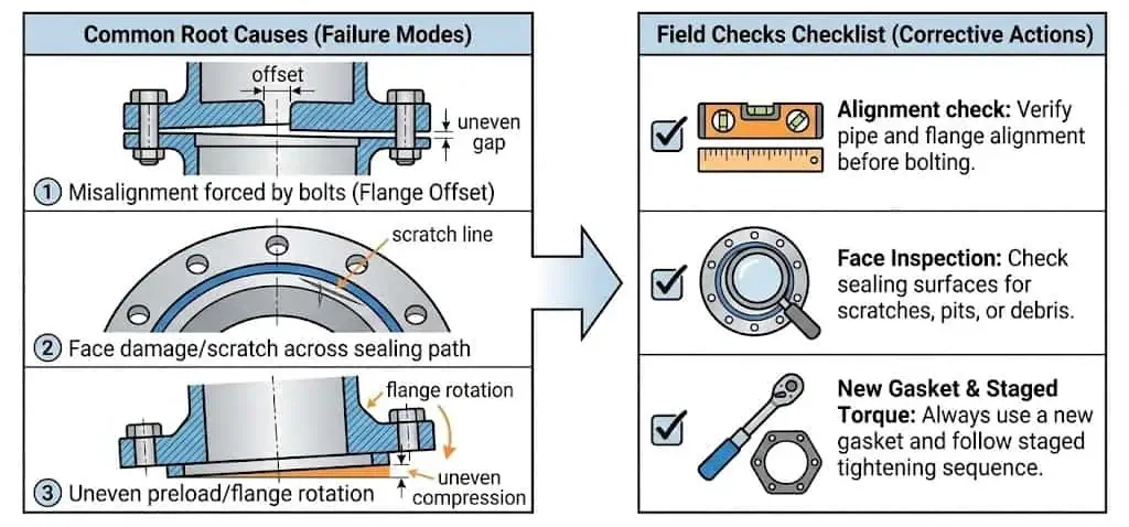Common flange leak causes: misalignment, face damage, uneven bolt load, with inspection checklist
