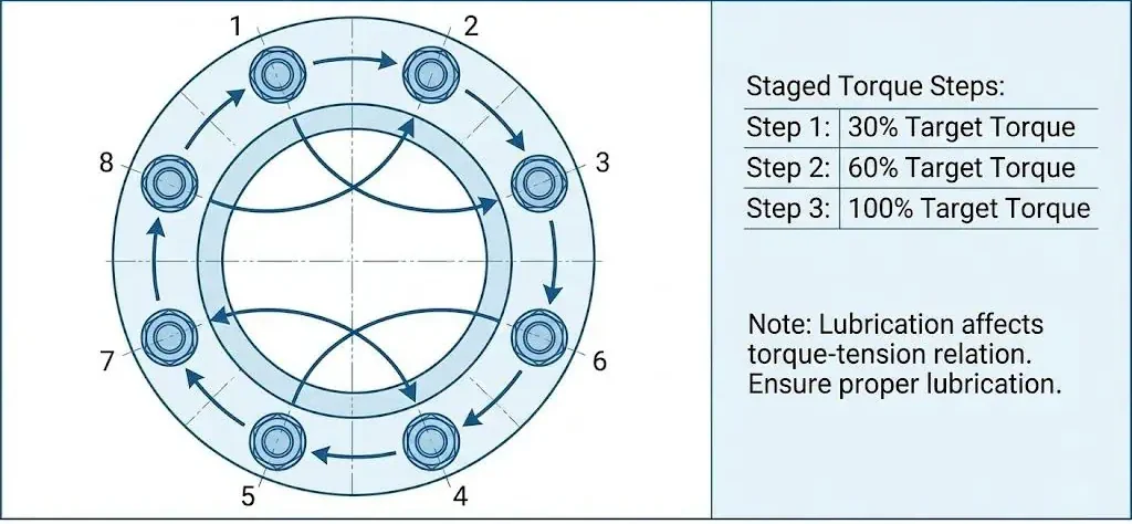 Flange bolt tightening sequence in cross pattern with staged torque steps