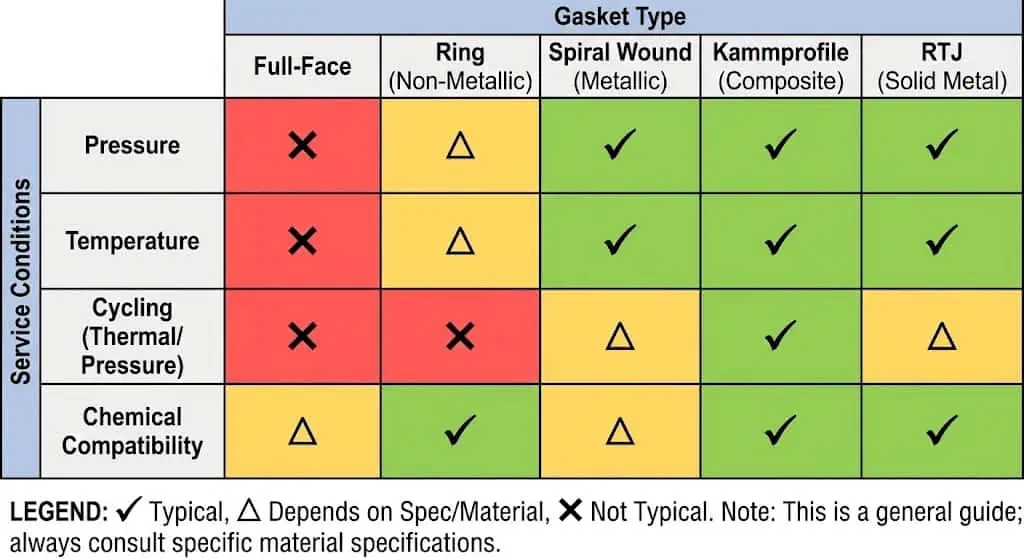 Flange gasket selection guide by pressure, temperature, cycling, and media compatibility