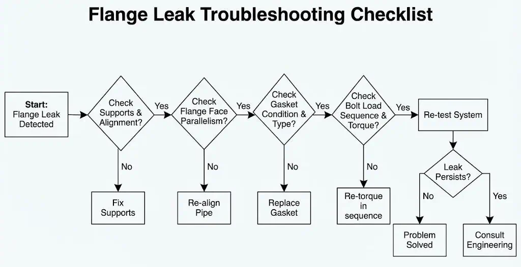 Flange leak troubleshooting flowchart: supports, face parallelism, gasket match, and bolt load sequence