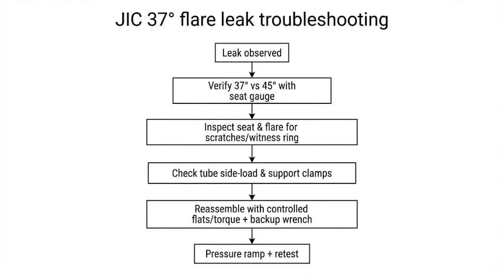 Diagrama de flujo del ingeniero: Resolución de fugas en conexiones JIC Diagrama de flujo: Resolución paso a paso de fugas en racores hidráulicos con cono