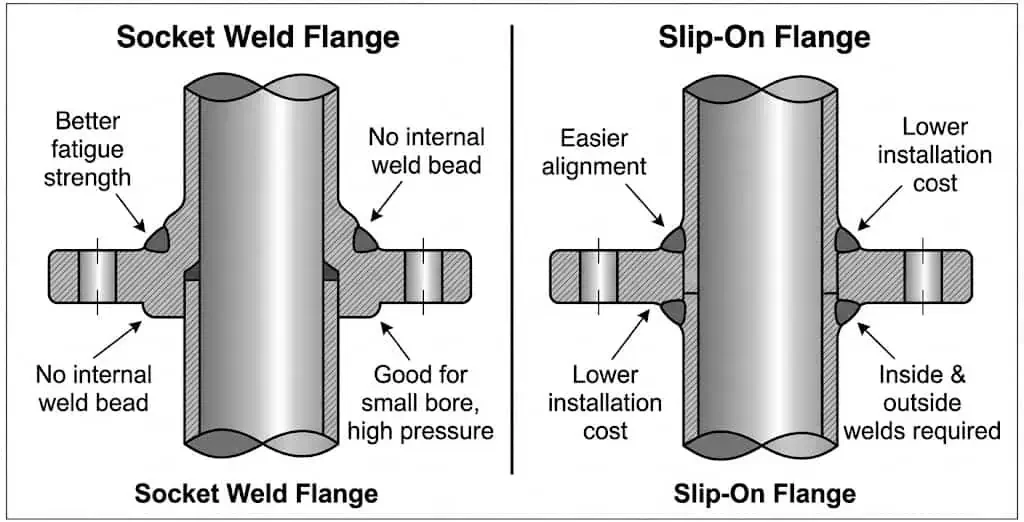 Socket weld flange vs slip-on flange comparison for small-bore piping: weld detail, strength, and installation method