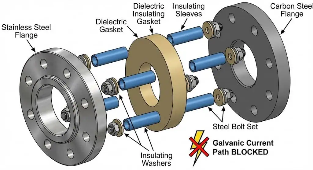 Vue éclatée d'un kit d'isolation de bride pour la protection galvanique