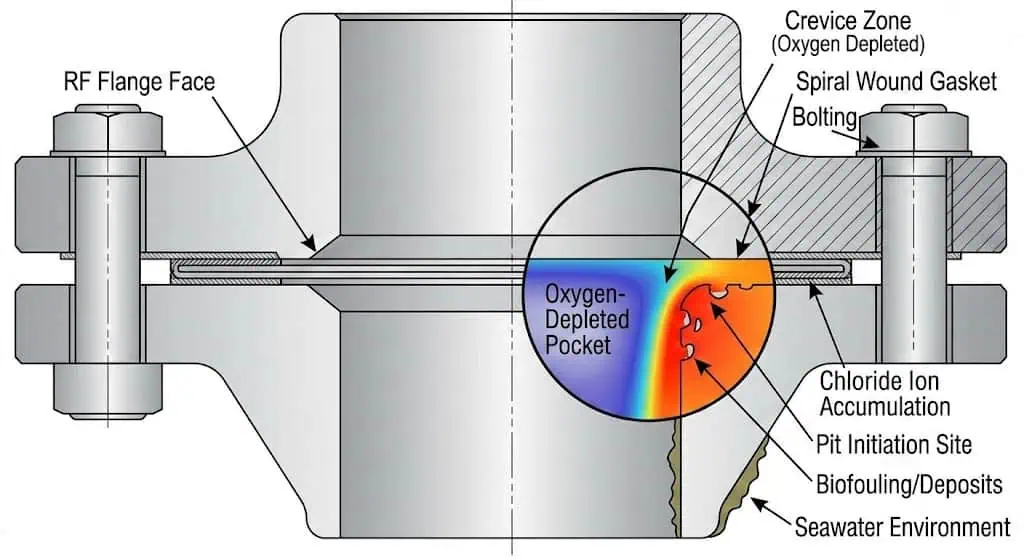Diagramme montrant le mécanisme de corrosion par fissure au joint de bride