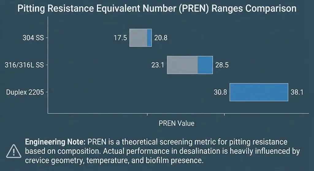 Tableau de comparaison des valeurs PREN pour les nuances d'acier inoxydable