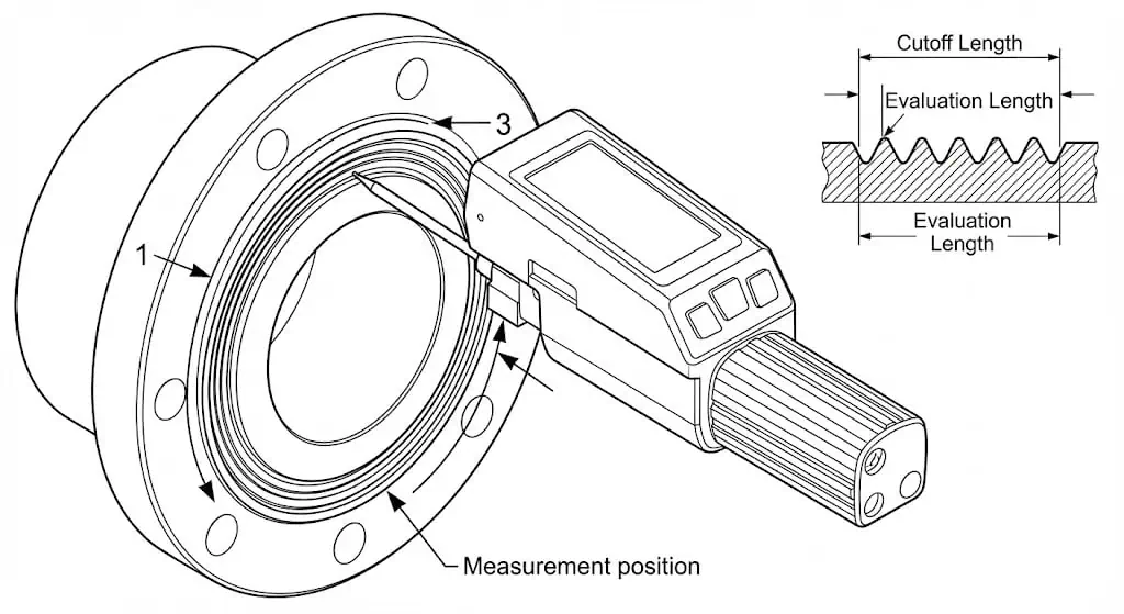 Profilometer-Verfahren zur Messung der Flanschoberflächenrauheit (Ra/Rz) Messung der Flanschoberflächenrauheit Profilometer-Verfahren