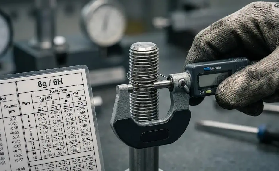Крупный план техника, измеряющего средний диаметр резьбы болта ISO метрического с помощью трёхпроволочного метода и цифрового микрометра, рядом с таблицей контроля допуска 6g/6H в метрологической лаборатории.