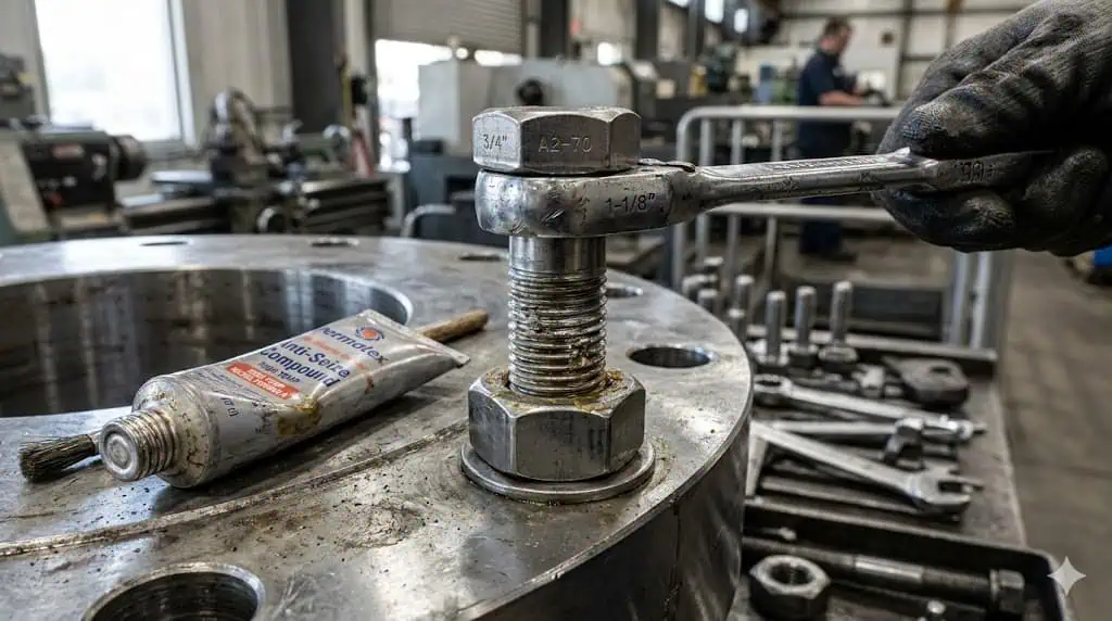 Установка болтов из нержавеющей стали с антипригарным составом Крупный план сборки промышленного фланца с болтом, гайкой, ключом из нержавеющей стали и антипригарным составом в мастерской