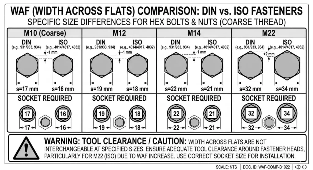 Различия между DIN и ISO WAF: риск инструментария в полевых условиях Разница размеров ключей DIN и ISO (WAF): риск несоответствия для шестигранных болтов