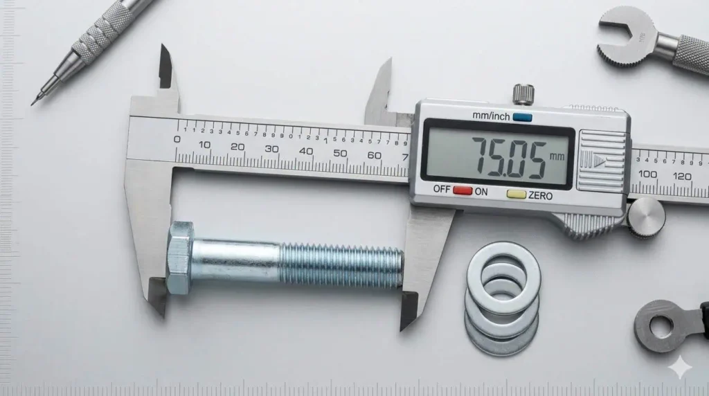 Макрофотография инженерного оборудования сверху вниз, показывающая цифровой штангенциркуль, измеряющий длину шестигранного болта от опорной поверхности под головкой до конца, со сложенными шайбами, демонстрирующими длину захвата.