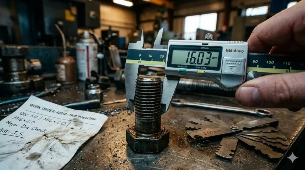 Детальный крупный план цифрового штангенциркуля, измеряющего наружный диаметр по вершинам резьбы шестигранного болта в масляной промышленной мастерской, с шагомером и рабочим нарядом рядом.