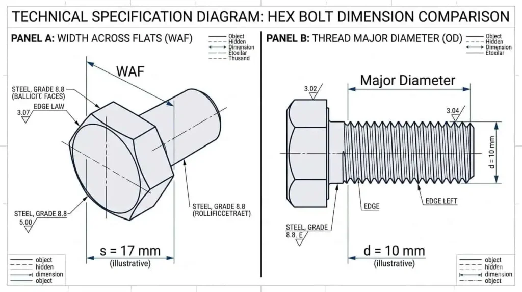 Техническая диаграмма с разделённым экраном в чистом CAD-стиле, сравнивающая размер под ключ (WAF) на шестигранной головке и наружный диаметр резьбы, с чёткими метками и аннотацией "НЕ ОДИНАКОВО".