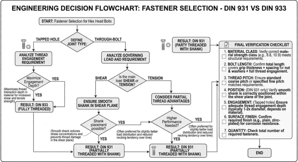 Блок-схема выбора DIN 931 против DIN 933 для инженеров и покупателей Блок-схема принятия решений: выбор между DIN 931 и DIN 933 на основе плоскости среза и глубины зацепления резьбы
