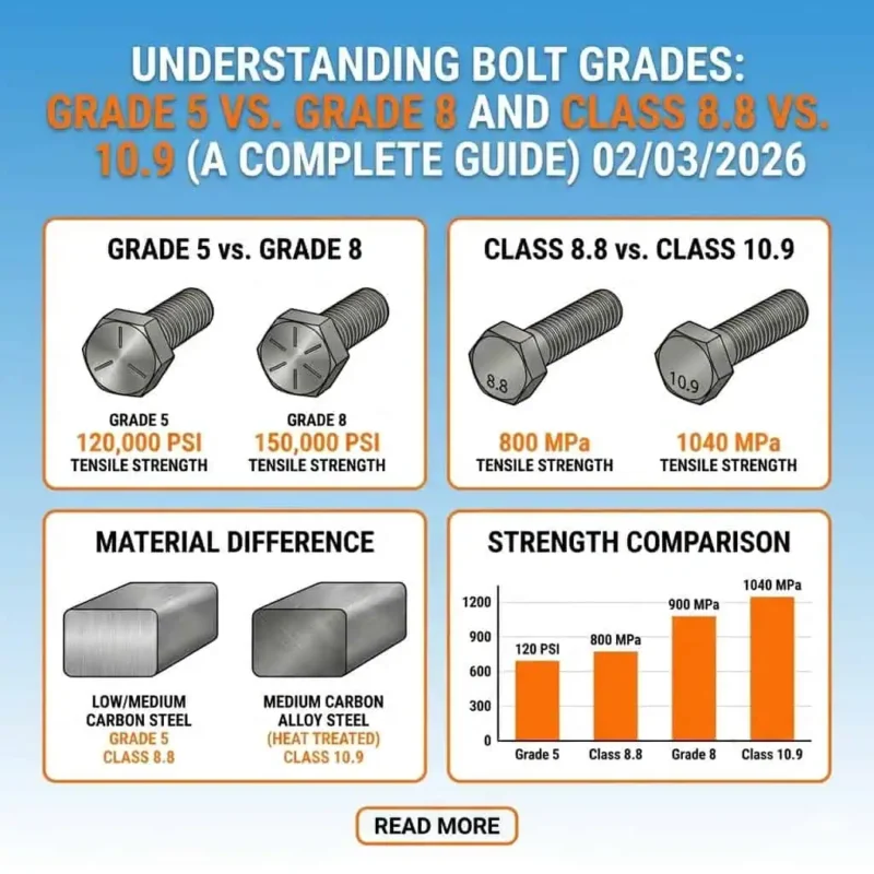 Understanding Bolt Grades: Grade 5 vs. Grade 8 and Class 8.8 vs. 10.9 (A Complete Guide)