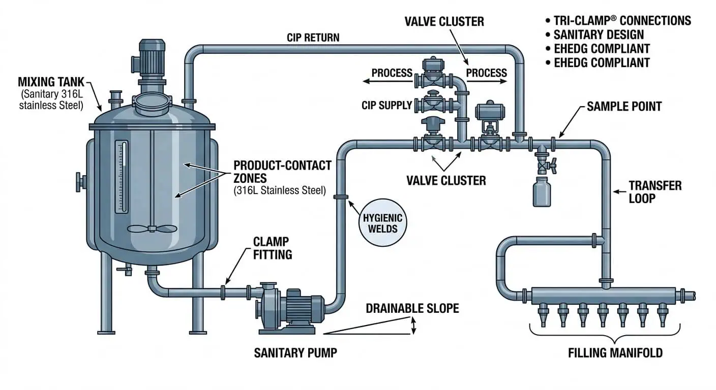 316L Sanitary Components in a Personal Care Production Line 316L stainless steel sanitary piping and components used in a personal care production line