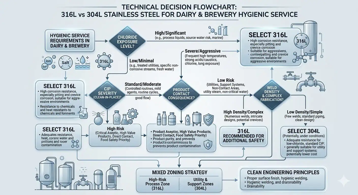 316L vs 304L Selection Logic for Dairy and Brewery Service 316L versus 304L selection logic for dairy and brewery hygienic service based on chloride exposure CIP severity weld density and hygienic consequence