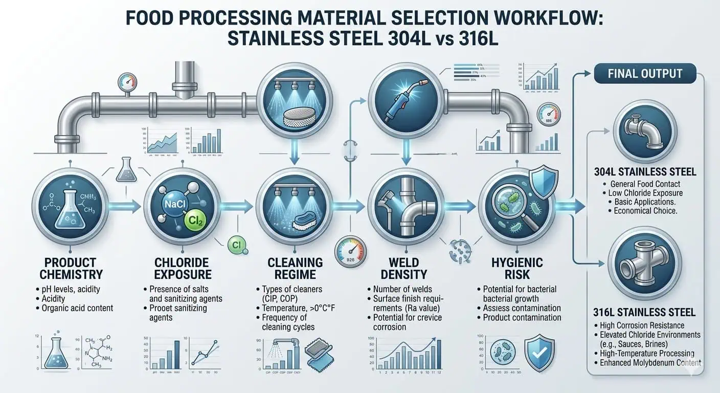 316L vs 304L Selection Logic for Food Grade Service 316L vs 304L selection logic for food grade service based on chloride exposure, cleaning regime, weld density, and hygienic risk