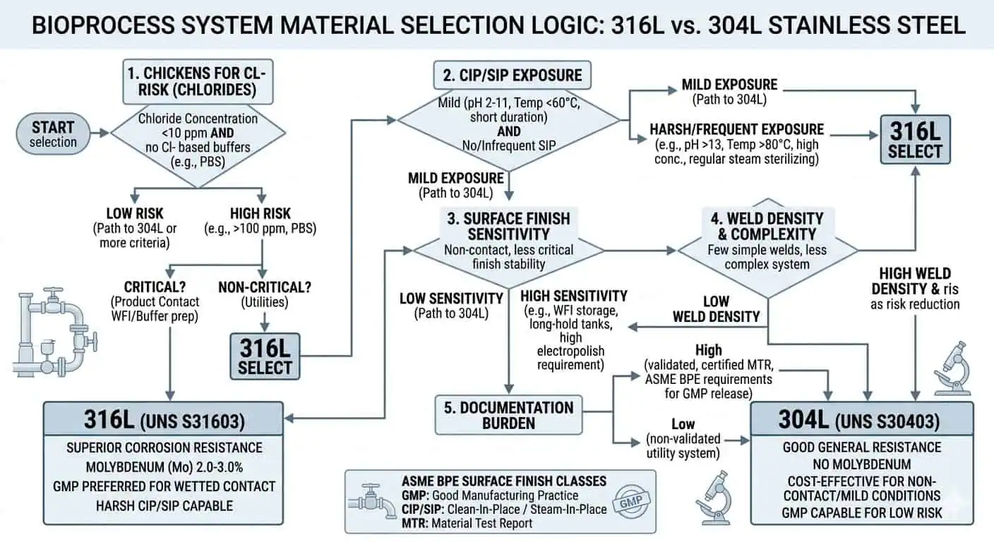 316L vs 304L Selection Logic in Bioprocess Systems 316L vs 304L selection logic in bioprocess systems based on process fluid, CIP SIP exposure, weld density, finish sensitivity, and documentation burden
