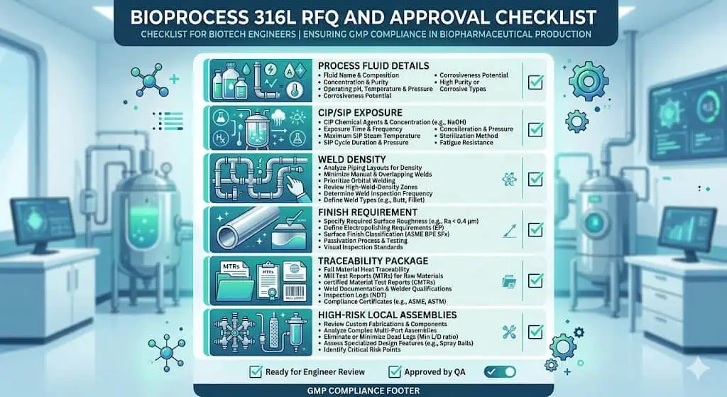 Bioprocess 316L RFQ and Approval Checklist Bioprocess 316L RFQ and approval checklist covering process fluid, CIP SIP exposure, weld density, finish requirement, traceability package, and high-risk local assemblies