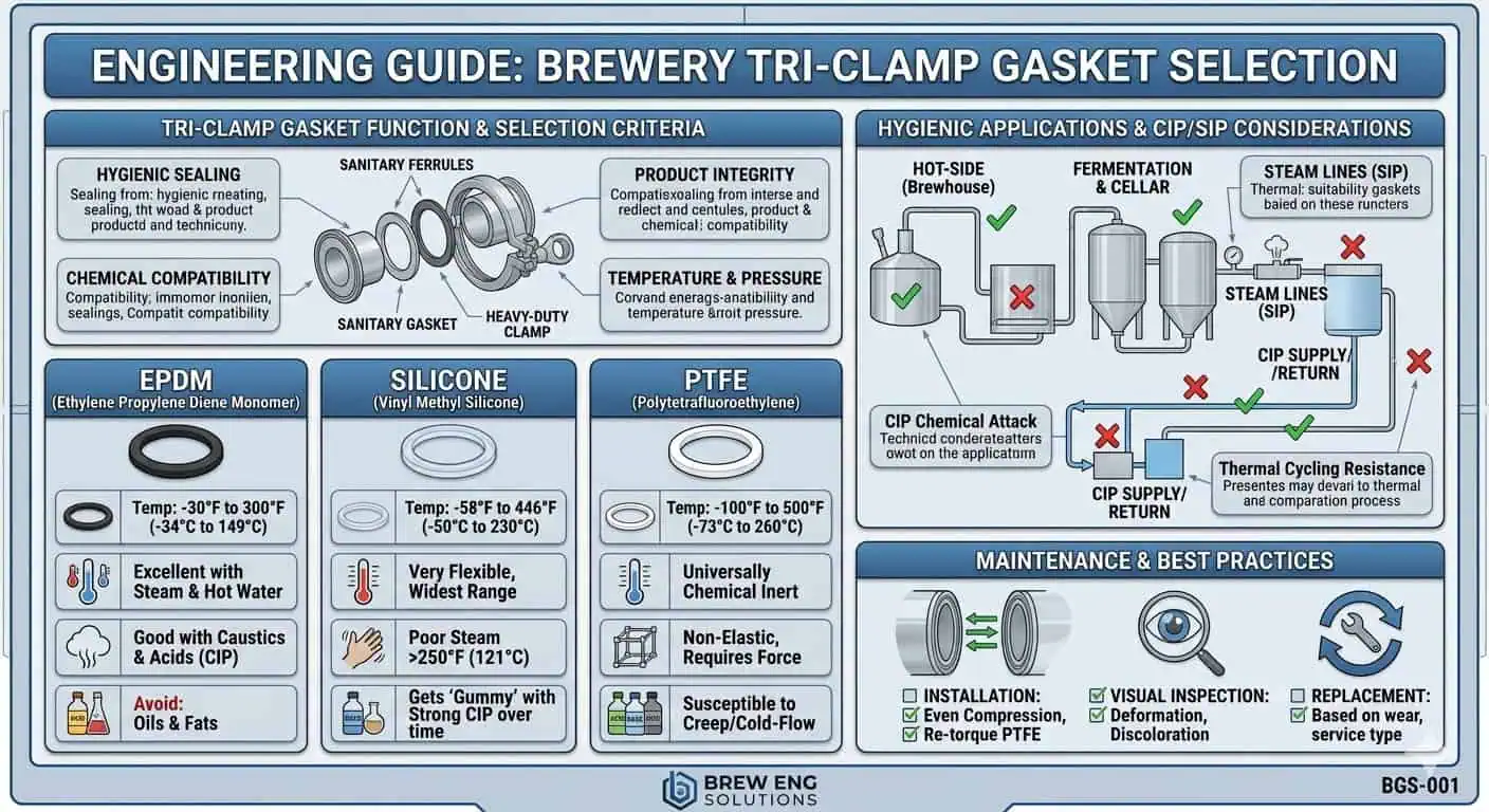 Brewery Gasket Selection Matrix Brewery gasket selection matrix for tri-clamp fittings comparing EPDM silicone and PTFE in hygienic brewing service