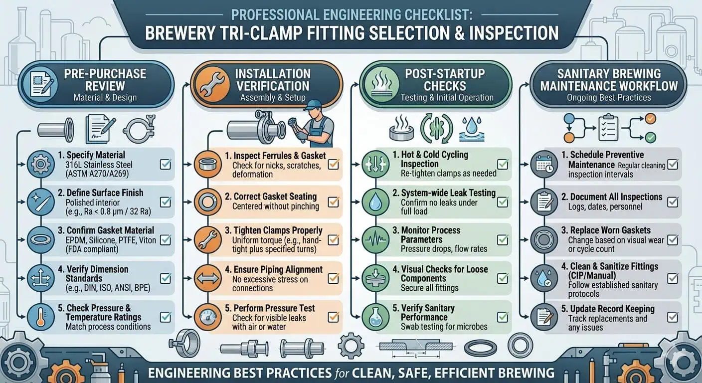 Brewery Tri-Clamp Buying and Inspection Checklist Brewery tri-clamp buying and inspection checklist covering pre-purchase installation startup and maintenance workflow