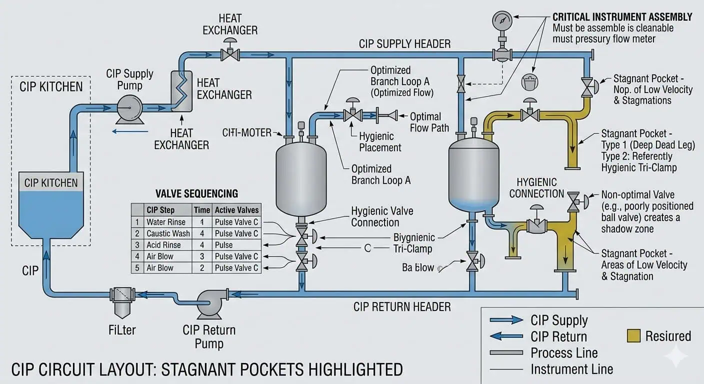CIP Circuit Review Map: Supply, Return, and Critical Local Assemblies CIP circuit review map for hygienic piping showing supply return branches valves and critical local assemblies