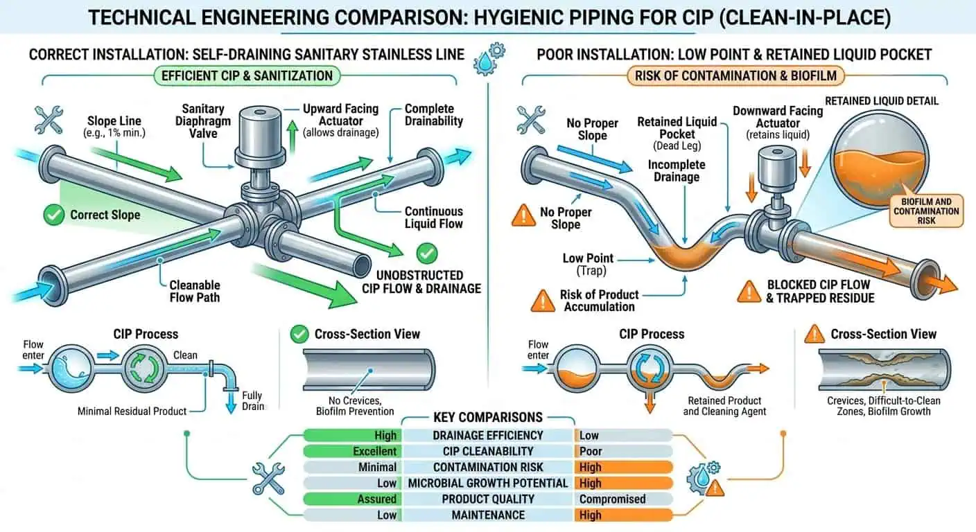 CIP-Ready vs Poor-Drain Hygienic Piping Layout CIP-ready versus poor-drain hygienic piping layout showing correct slope and retained liquid risk