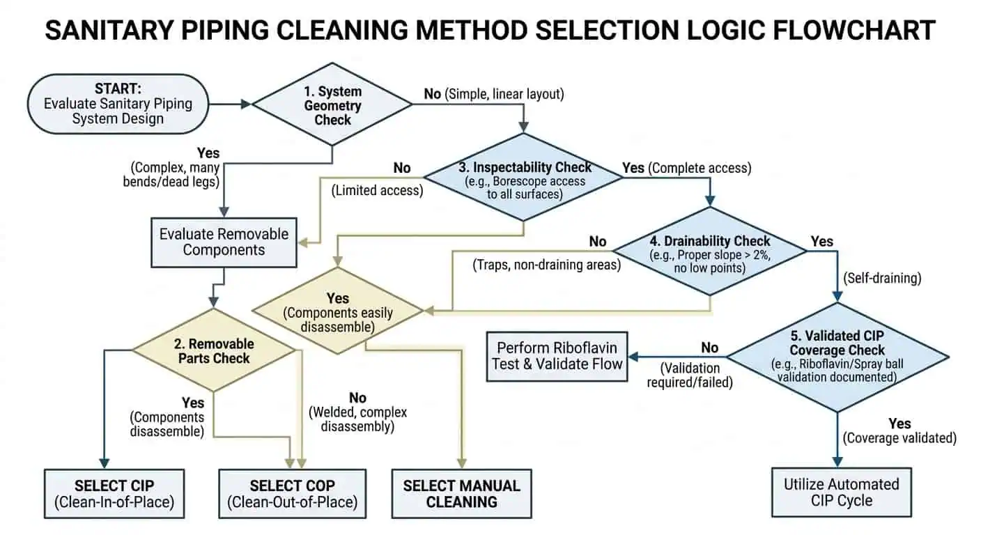 CIP vs COP vs Manual Cleaning Decision Logic CIP vs COP vs manual cleaning decision logic for sanitary piping systems based on geometry, inspectability, removable parts, and drainability