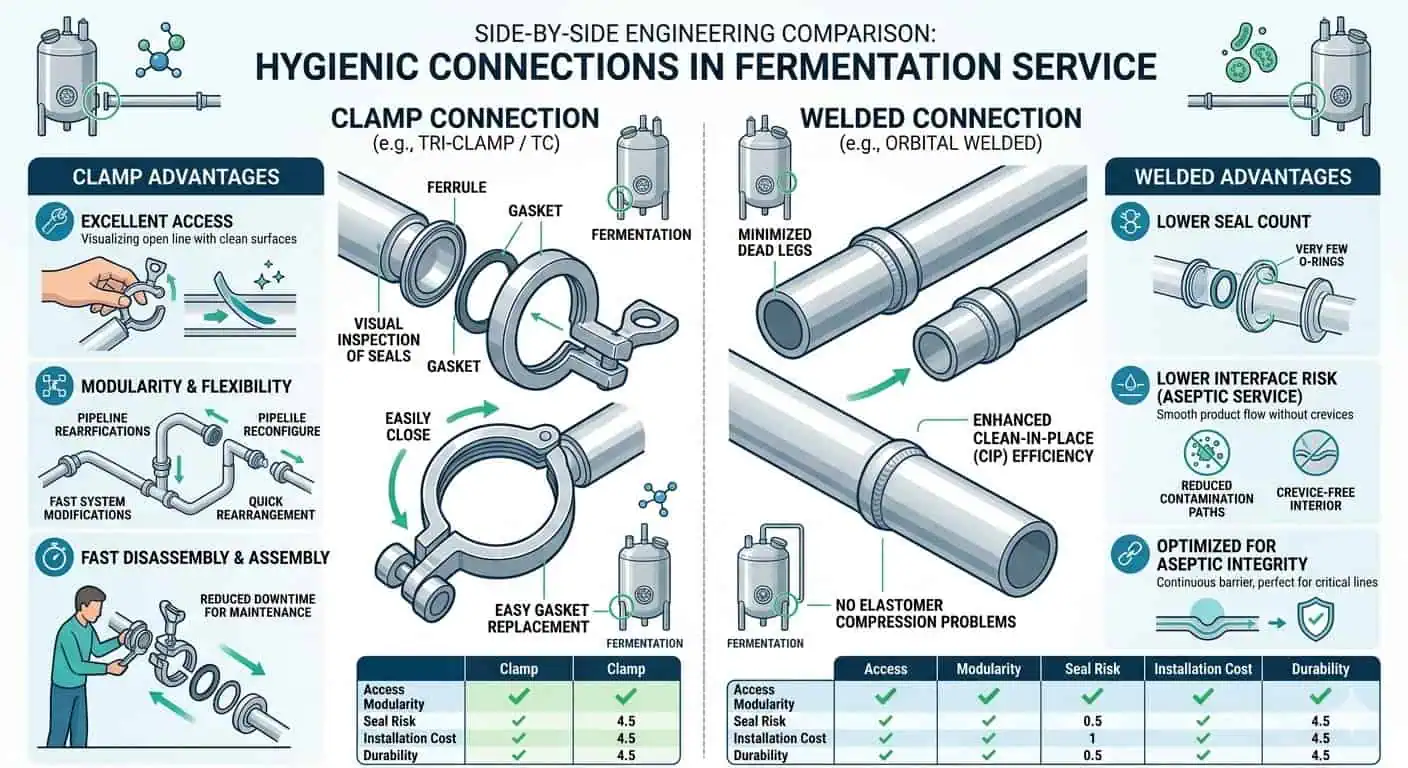 Clamp vs Welded Connection in Fermentation Service Clamp vs welded connection in fermentation service comparing access and modularity against lower seal count and lower interface risk in aseptic zones