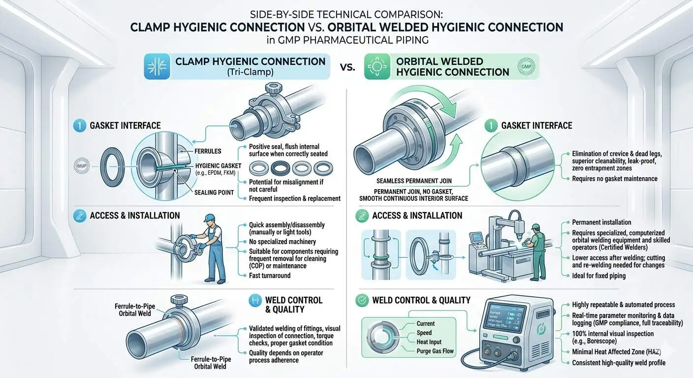 Clamp vs Welded Hygienic Connection in GMP Service Clamp versus welded hygienic connection in GMP service showing access benefit gasket interface weld control and reduced interface count