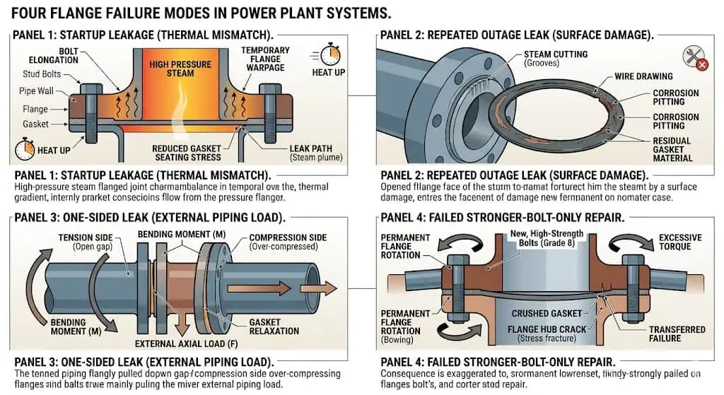 Common Failure Modes in Power Generation Flange Joints Common failure modes in power generation flange joints including startup leakage repeated outage leakage one sided leakage and failed retorque only repair