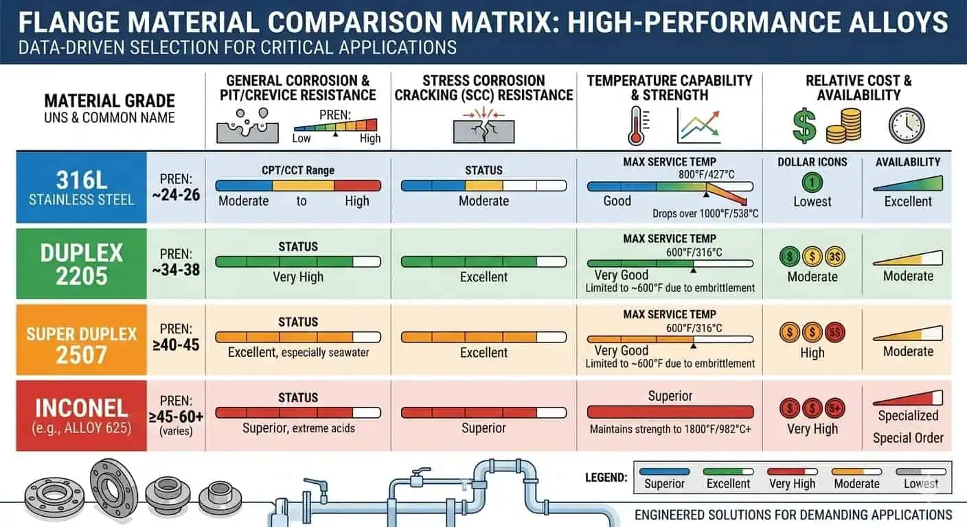 Corrosion Comparison Matrix for Flange Materials Corrosion comparison matrix for Inconel stainless steel duplex and super duplex flange materials