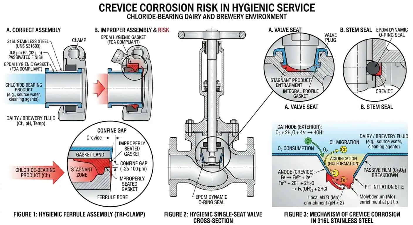 Crevice Corrosion Risk Around Ferrules, Valve Seats, and Gasket Lands Crevice corrosion risk around hygienic ferrules valve seats and gasket lands in dairy and brewery chloride-bearing service