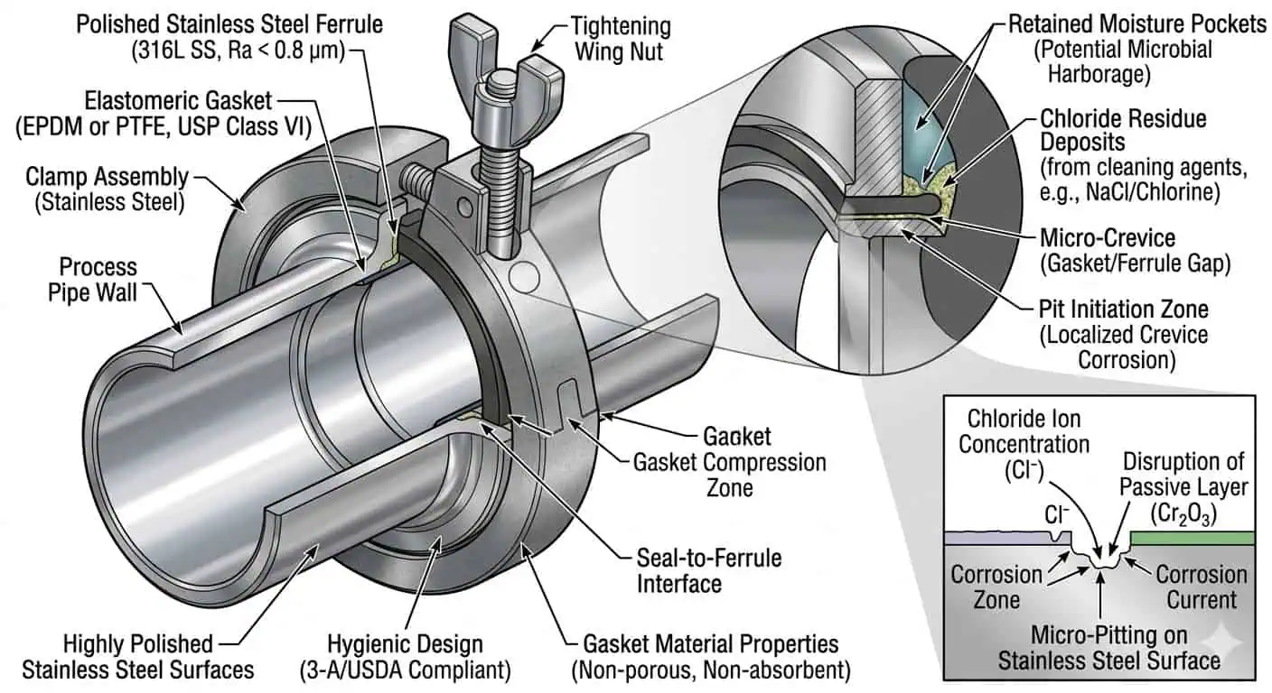 Crevice Corrosion Risk Around Hygienic Clamp Joints Crevice corrosion risk around hygienic clamp joints in chloride-bearing food grade service