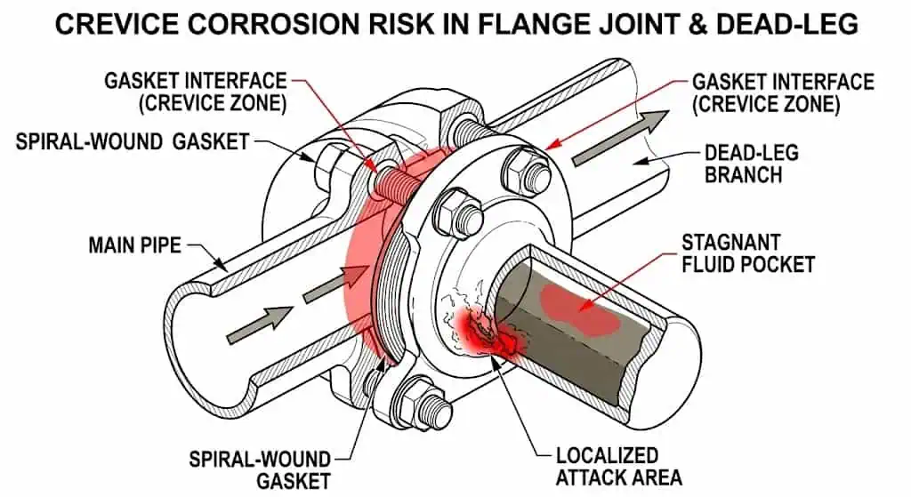 Crevice Corrosion at Flange and Dead Leg Crevice corrosion at flange gasket interface and dead leg in process piping