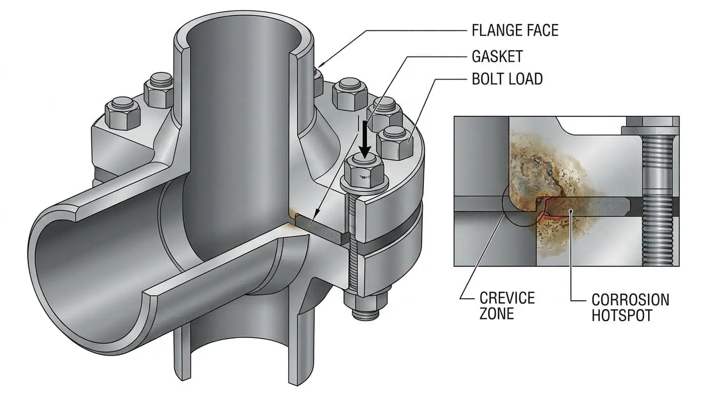 Crevice Corrosion at a Flanged Joint Crevice corrosion at a flanged joint near the gasket sealing area