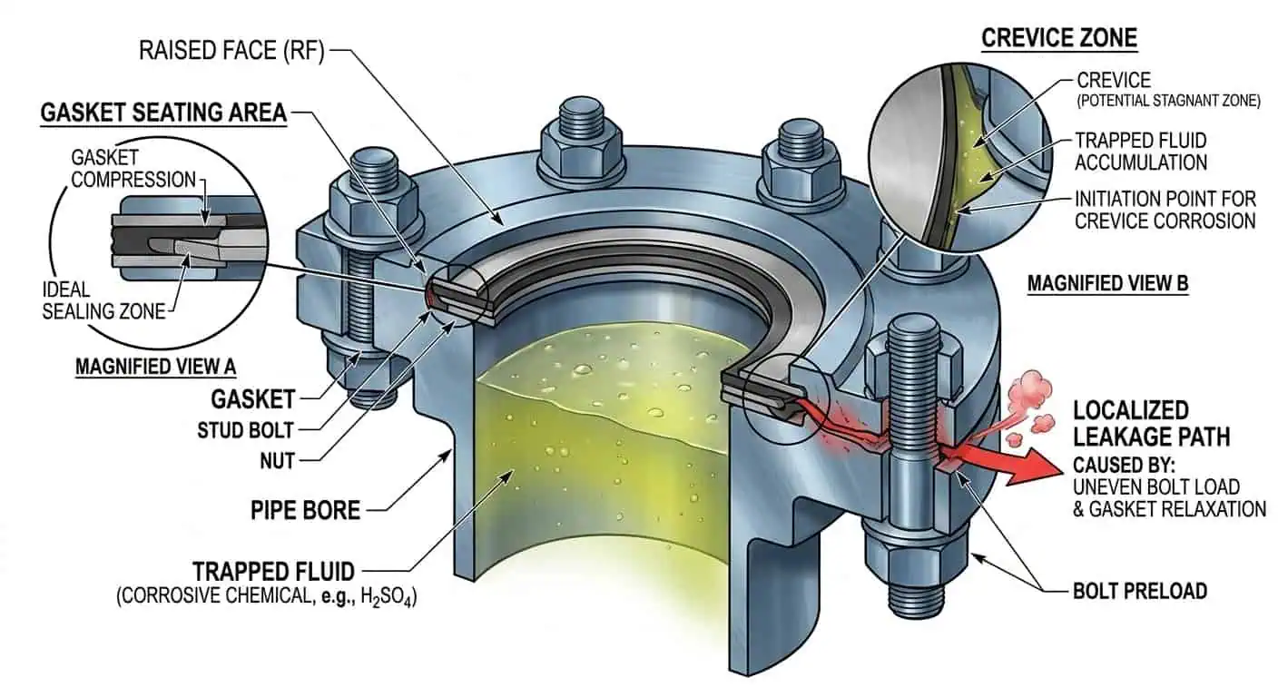 Crevice Leakage at Gasket Interface Crevice leakage at gasket interface in a chemical plant flange joint
