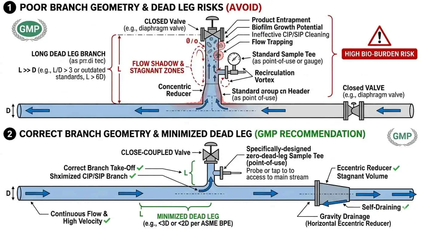 Dead-Leg and Branch Geometry Risk at Sanitary Fittings Dead leg and branch geometry risk at sanitary fittings showing long branch poor take off direction and improved hygienic branch design