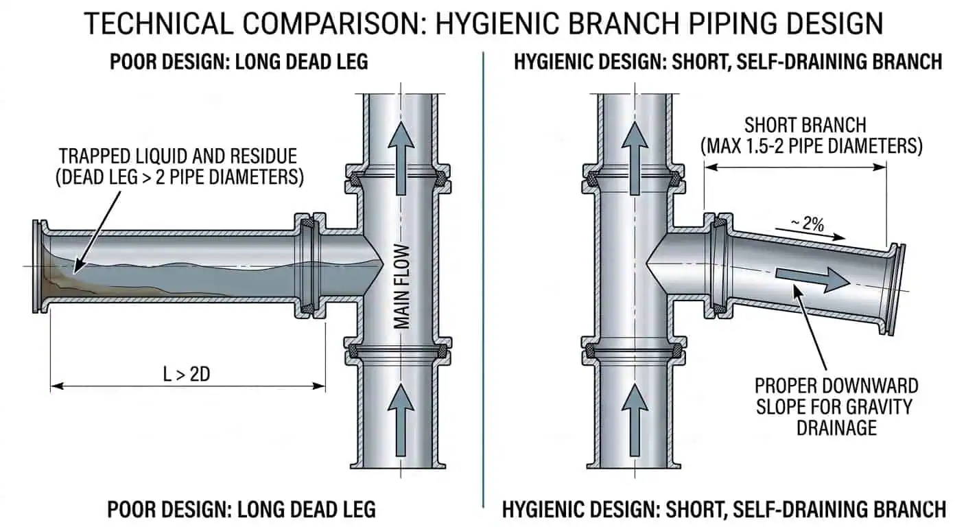 Dead leg and drainability comparison Dead leg versus self-draining hygienic branch connection comparison for food processing pipelines.