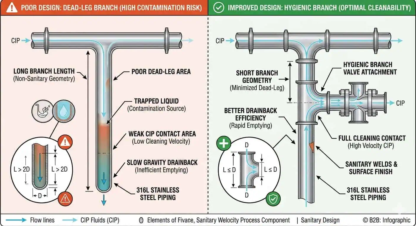 Dead Leg and Drainback Comparison in Cosmetic Piping Dead leg and drainback comparison in cosmetic sanitary piping showing poor and improved branch geometry