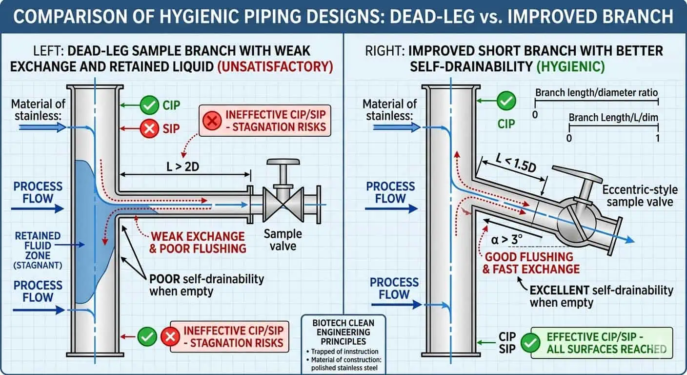 Dead Leg and Low-Drain Failure Pattern in Hygienic Piping Dead leg and low drain failure pattern in hygienic piping showing retained liquid, weak exchange, and poor local drainability