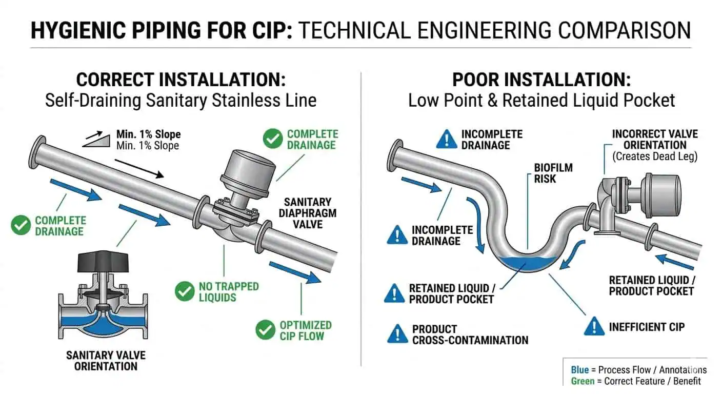 Dead-Leg and Sample Branch CIP Failure Logic Dead leg and sample branch CIP failure logic in hygienic piping showing weak local flow and retained residue