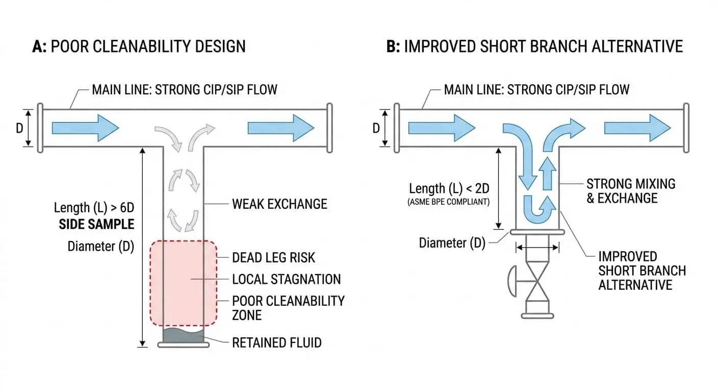 Dead Leg and Sample Branch Risk in High Purity Piping Dead leg and sample branch risk in high purity piping showing weak local fluid exchange and retained fluid in a biotech assembly